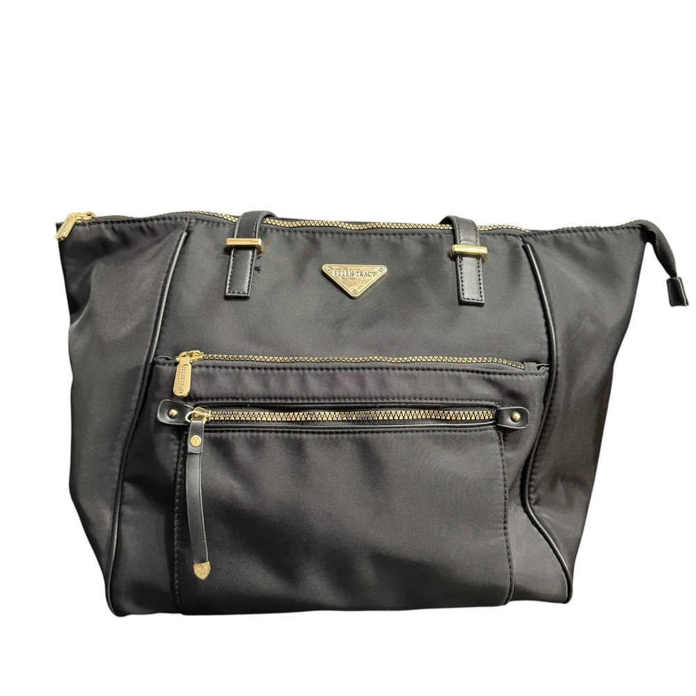 Ellen Tracy Black Nylon Tote Bag Gold Hardware Shoulder Bag Front Zip Pockets